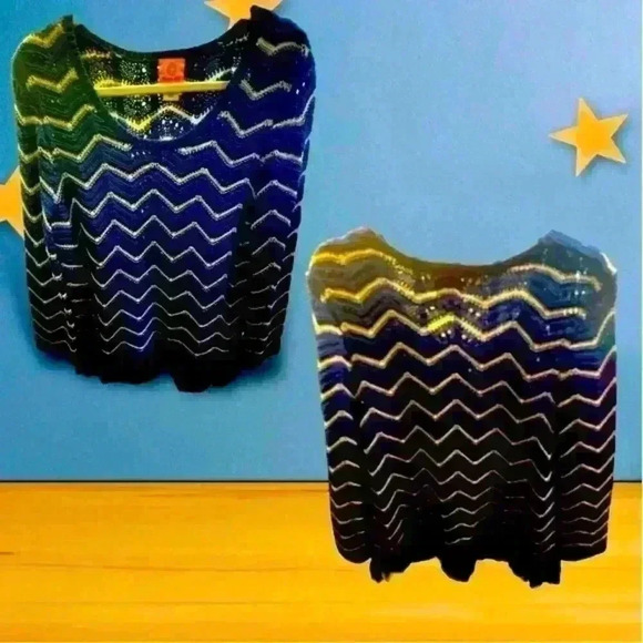 Ruby Rd Cobalt Royal Blue Wavy Striped Crochet Knit Fringe Sweater Womens XLarge - Picture 1 of 3